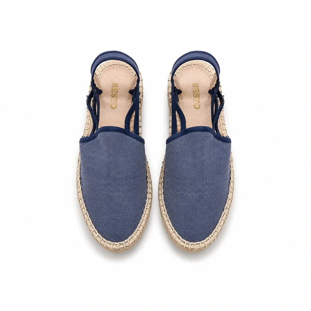 Sesto Meucci Lino Espadrille Sandals Women 8 Navy Blue Linen Made in Spain NIB
